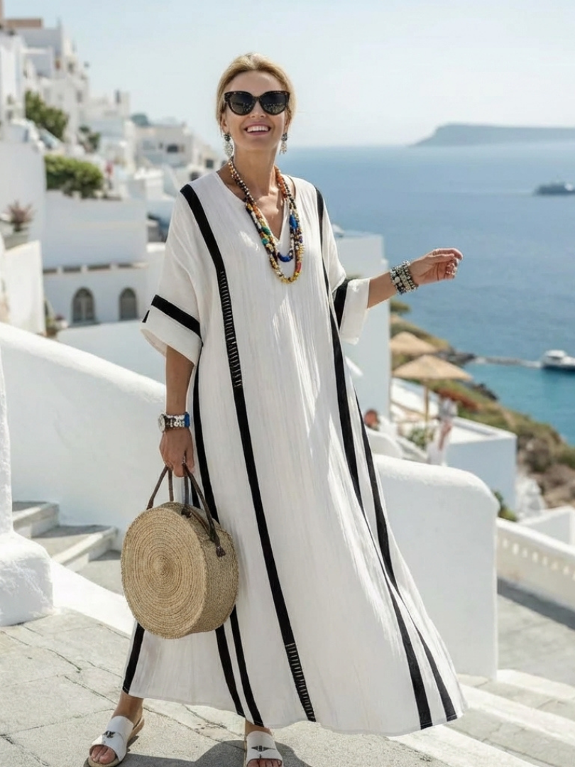 Elvienne | Sukienka Maxi w Paski z Efektem Color Block i Krótkim Rękawem