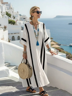 Elvienne | Sukienka Maxi w Paski z Efektem Color Block i Krótkim Rękawem