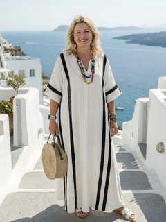 Elvienne | Sukienka Maxi w Paski z Efektem Color Block i Krótkim Rękawem
